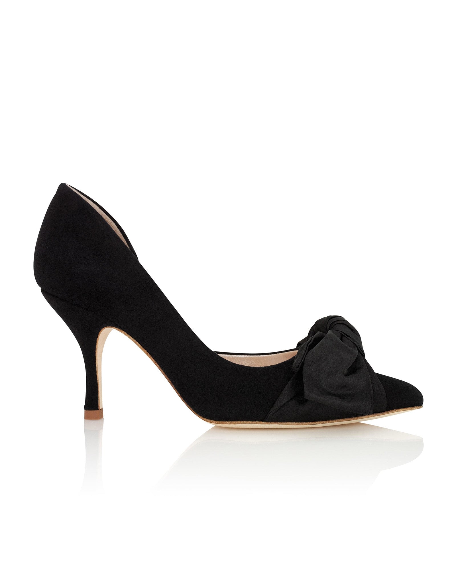 Florence Jet Black Mid Fashion Shoe Black Suede Court Shoe with Satin Bow  image