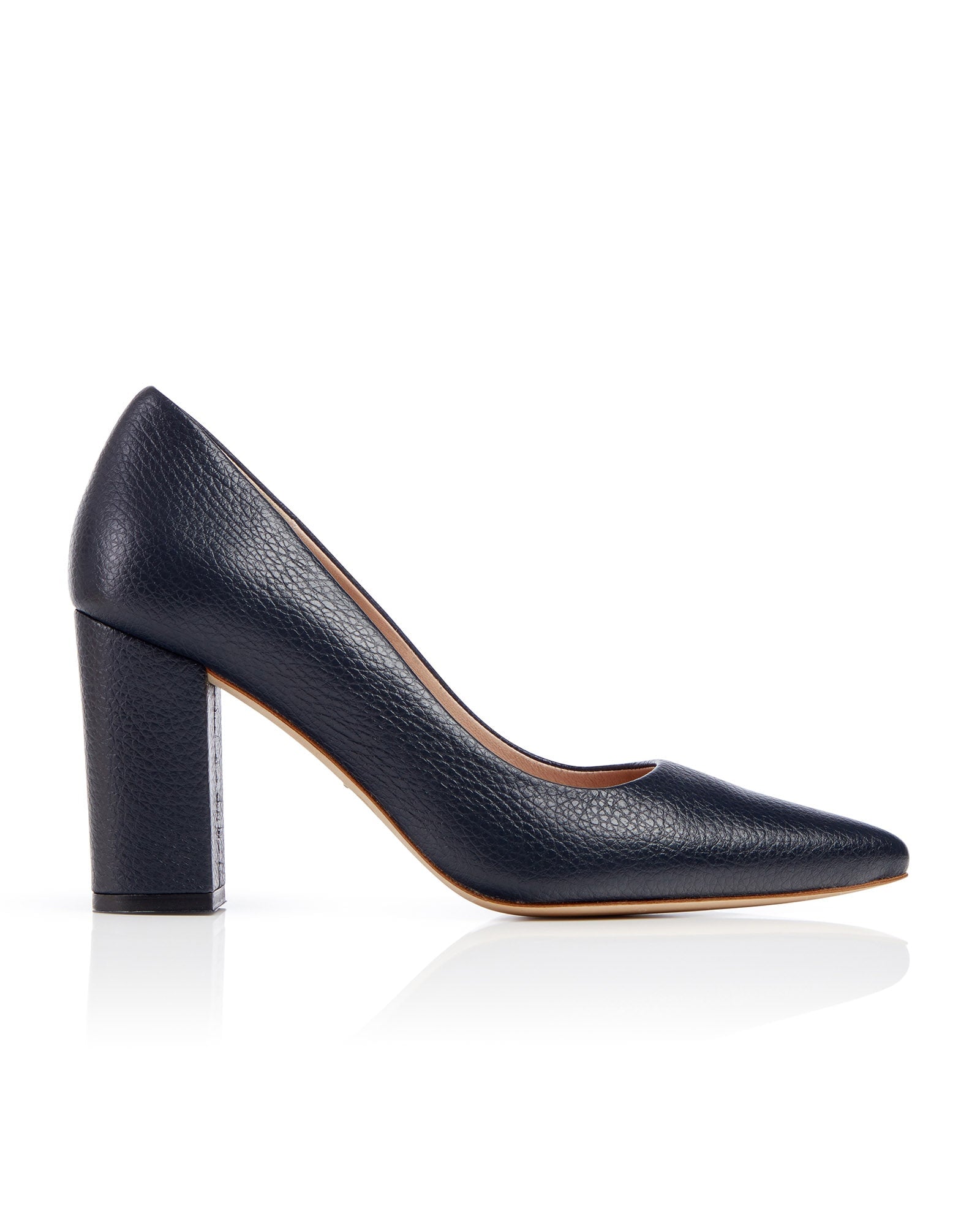 Josie Textured Dark Navy Leather Fashion Shoe Pointed Block Heel Court Shoes  image
