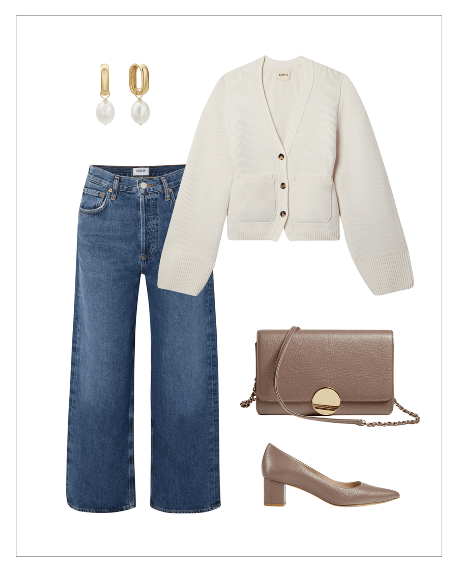 Elegant taupe heels with a sleek design, paired with a cream cardigan, wide-leg blue jeans, and a matching taupe handbag. The outfit is styled against a clean, white background, showcasing a polished and sophisticated look. The heels feature a moderate height, complementing the overall ensemble. image