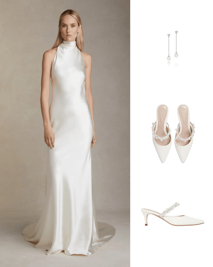 Elegant white satin dress with a high neckline, worn by a model standing against a soft, neutral background. The model is accessorized with delicate dangling earrings. The shoes featured are white pointed-toe heels with a low heel and embellished with sparkling details, positioned on a flat surface. image