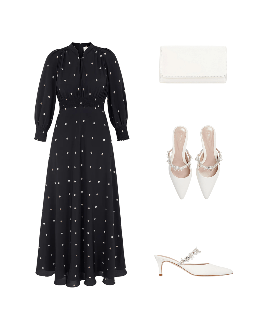 Elegant black dress with white polka dots, featuring a high neckline and puffed sleeves, styled with a white clutch and pointed-toe heels. The heels are made of leather and have a moderate heel height, complementing the outfit perfectly. The image is set against a clean, white background, showcasing the items from a top-down angle. image