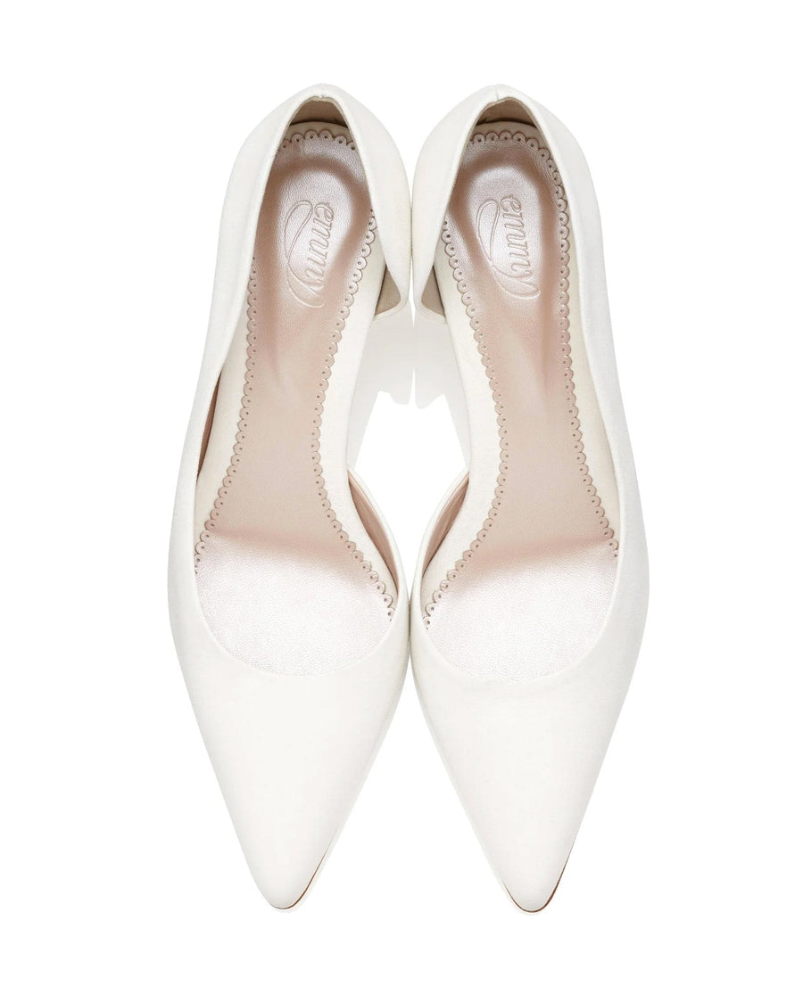 White pointed-toe heels with a sleek design, featuring a smooth leather upper. The shoes are displayed from a top-down angle against a plain white background, highlighting their elegant silhouette. image