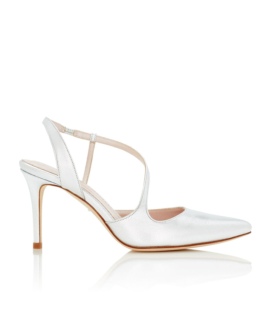 White slingback heels with a pointed toe and a delicate strap across the instep. The heel height is approximately 3 inches. The shoes are made of leather and are displayed against a clean, white background, showcasing their elegant design. image