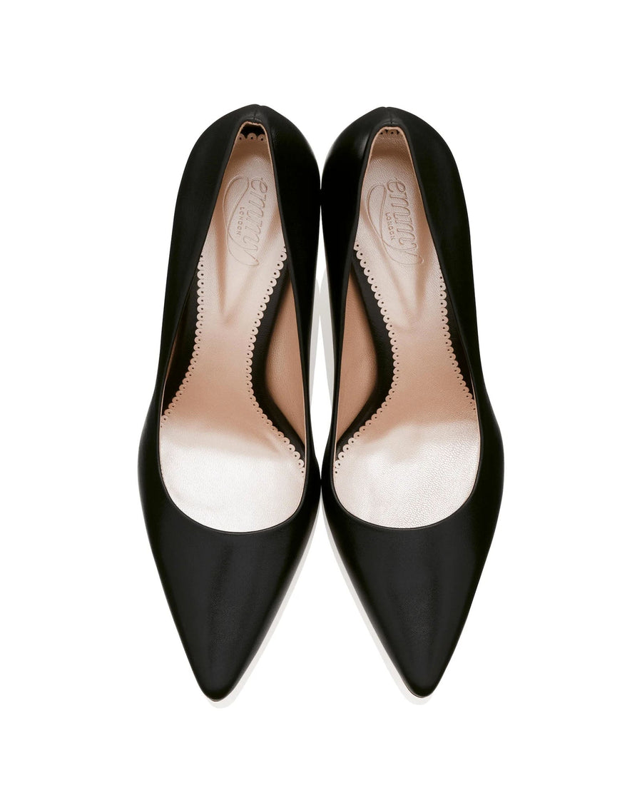 Black leather heels with a pointed toe design, featuring a sleek and smooth finish. The shoes are displayed from a top-down angle against a white background, highlighting their elegant silhouette. image
