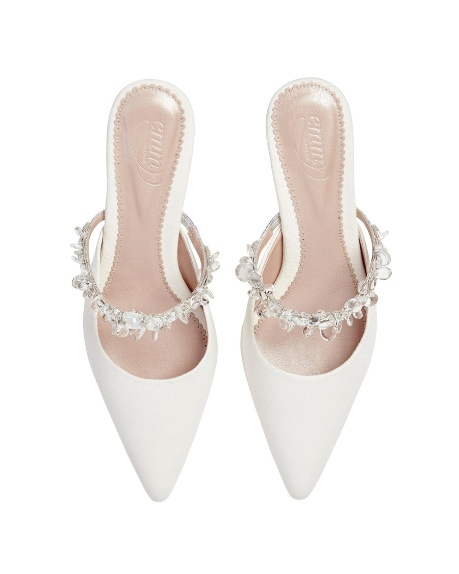 White pointed-toe heels featuring a decorative crystal strap across the instep. The shoes are displayed against a plain white background, showcasing their elegant design from a top-down angle. image