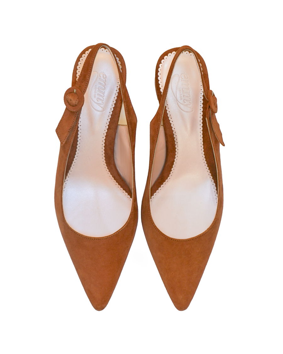 Brown suede heels with a pointed toe design and a decorative button on the side. The shoes are displayed from a top-down angle against a white background, showcasing their sleek silhouette and smooth interior. image