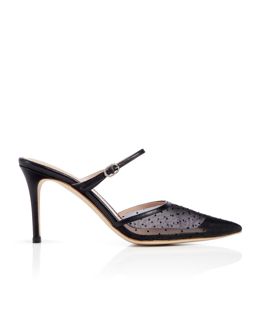 Black pointed-toe slingback heels with a transparent mesh upper and decorative embellishments. The heel height is approximately 3.5 inches. The shoe is set against a clean white background, showcasing its elegant design. image