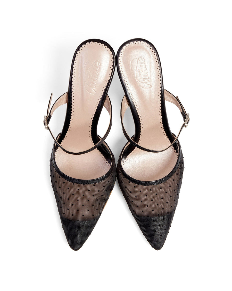 Black pointed-toe slingback heels featuring a sheer polka dot mesh upper and a contrasting black leather toe cap. The shoes are displayed from a top-down angle against a white background, highlighting their elegant design and detailing. image