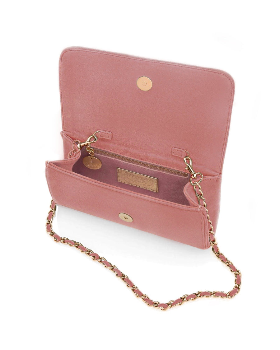 Pink leather handbag with a chain strap, displayed open to show the interior compartments. The background is white, highlighting the bag's design and color. image