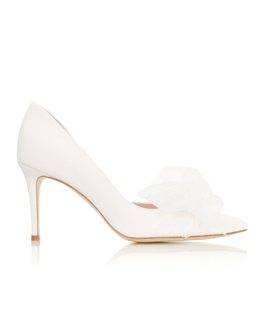 White high-heeled shoes featuring a pointed toe and a decorative ruffle detail on the front. The heel is approximately 3 inches tall. The shoes are set against a plain white background, showcasing their elegant design. image