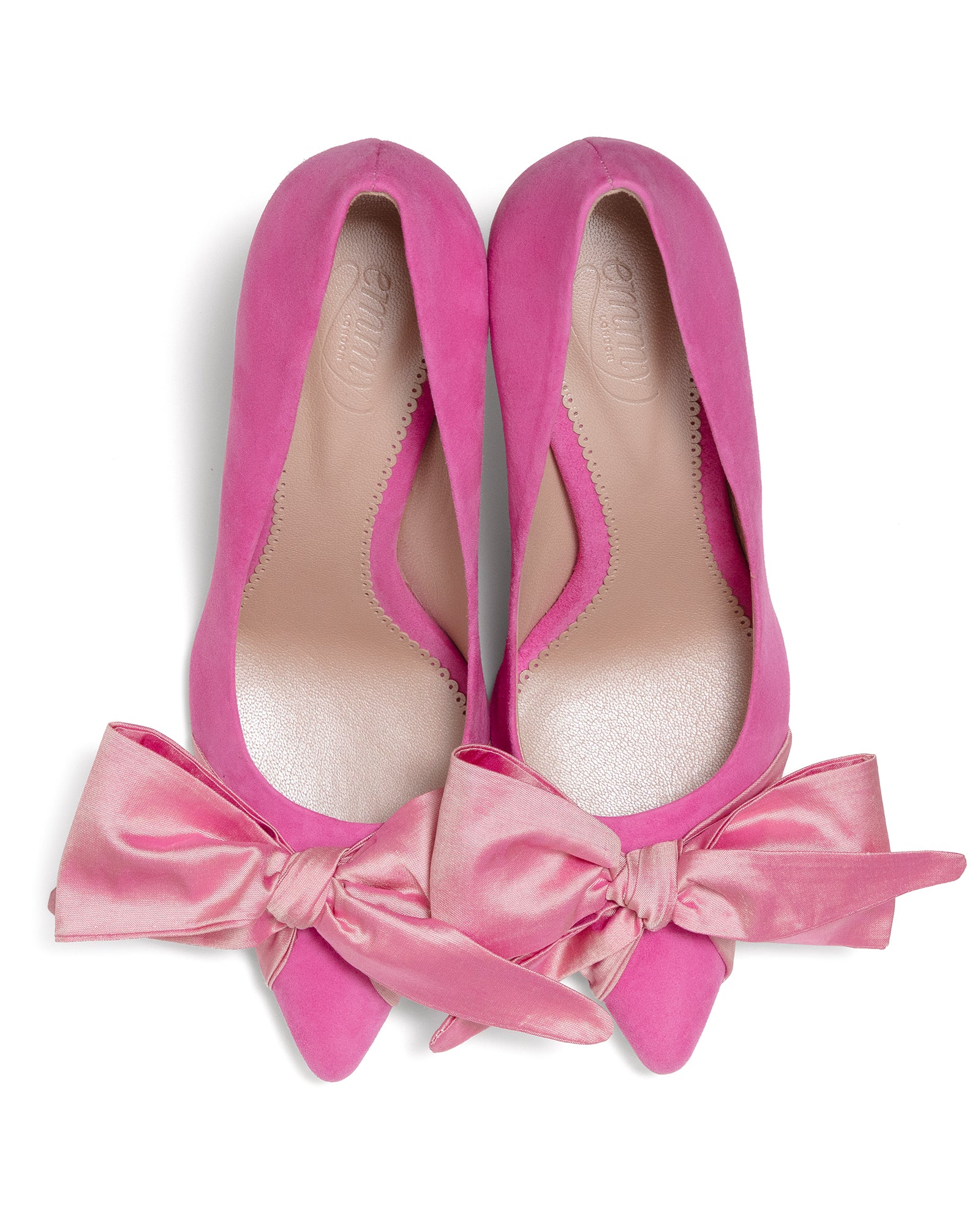 Pink Suede Court Shoe with Pink Satin Bow on White Background image