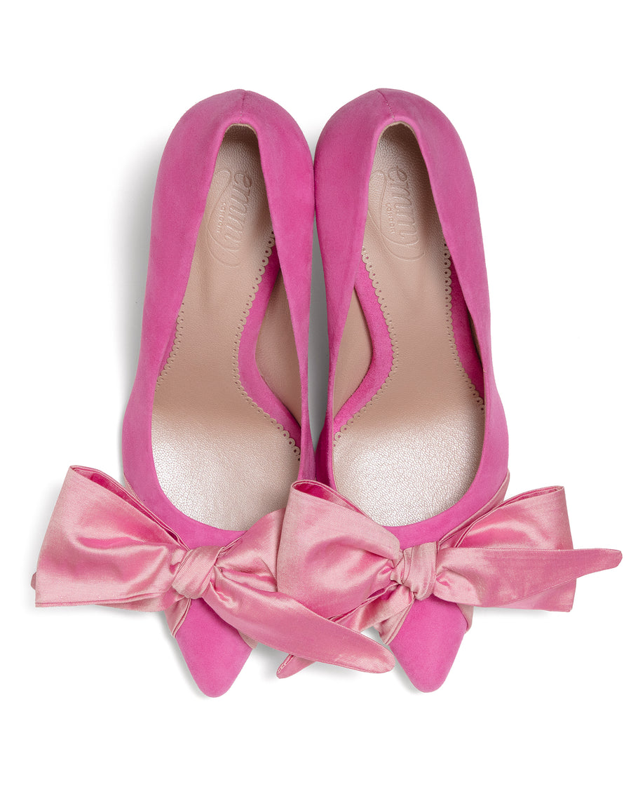 Pink Suede Court Shoe with Pink Satin Bow on White Background image