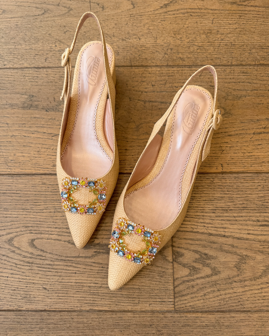 Beige high-heeled shoes with shoe clips on a wooden floor image