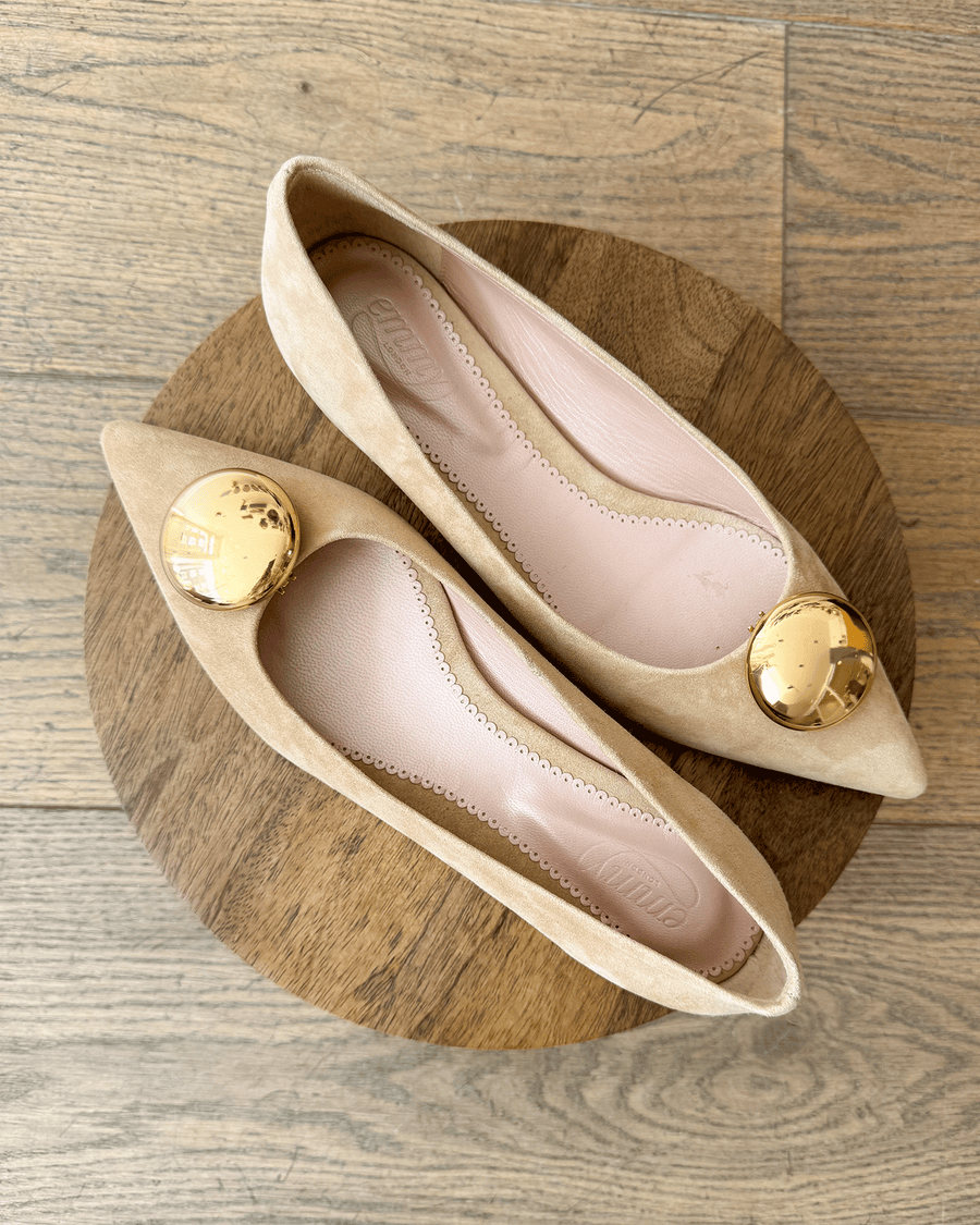 Beige suede flats with a pointed toe design, featuring a large gold embellishment on the upper. The shoes are displayed on a round wooden surface, showcasing their elegant shape and detailing. The image is taken from a top-down angle, highlighting the smooth interior and the texture of the suede material. image