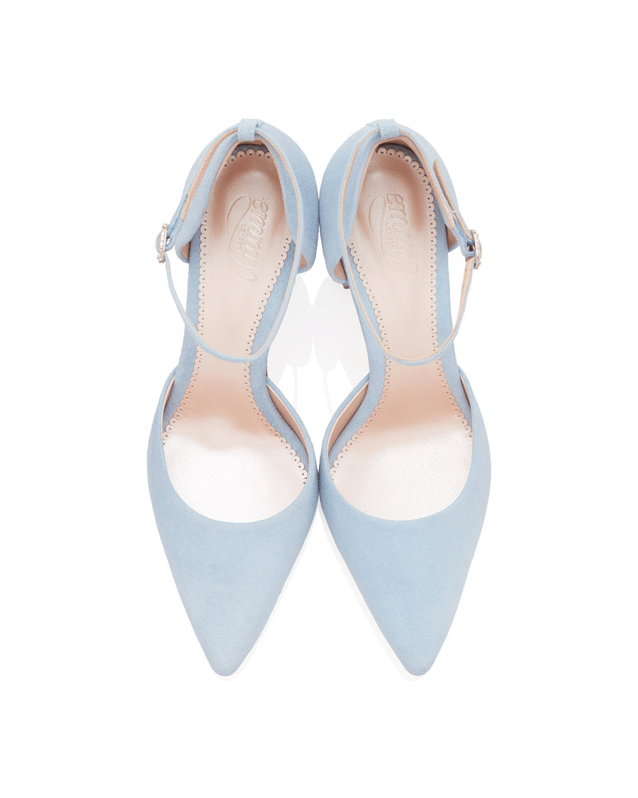 Light blue suede heels with a pointed toe design and an ankle strap. The shoes are displayed from a top-down angle against a white background, showcasing their elegant silhouette. image