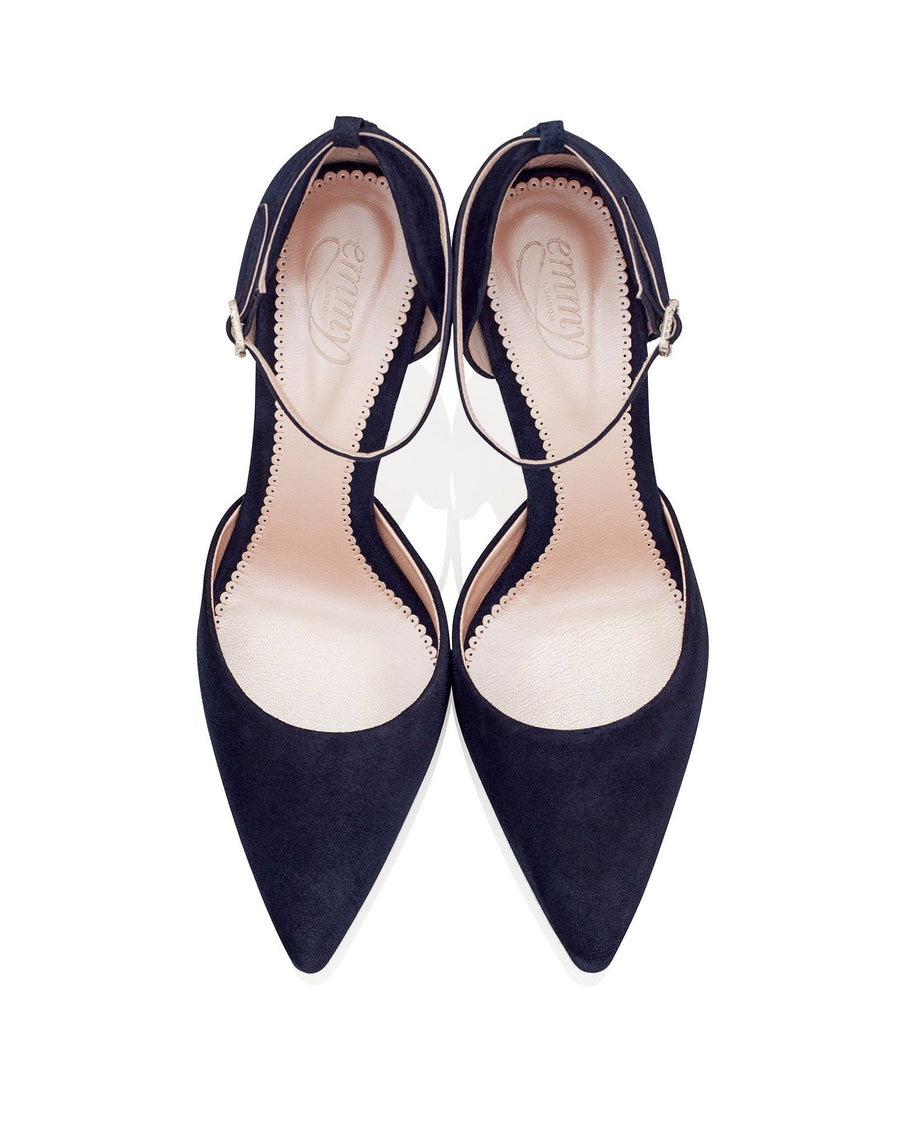 Elegant navy suede heels featuring a pointed toe and a delicate ankle strap. The shoes are displayed from a top-down angle against a clean white background, highlighting their sleek design. image