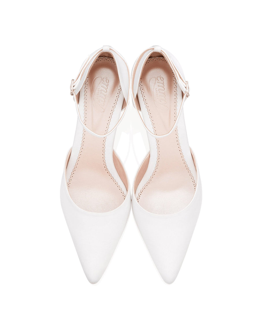 White pointed-toe heels with a sleek design, featuring a delicate ankle strap. The shoes are made of a smooth material and have a moderate heel height. The image is taken from a top-down angle against a plain white background, showcasing the elegant silhouette of the shoes. image