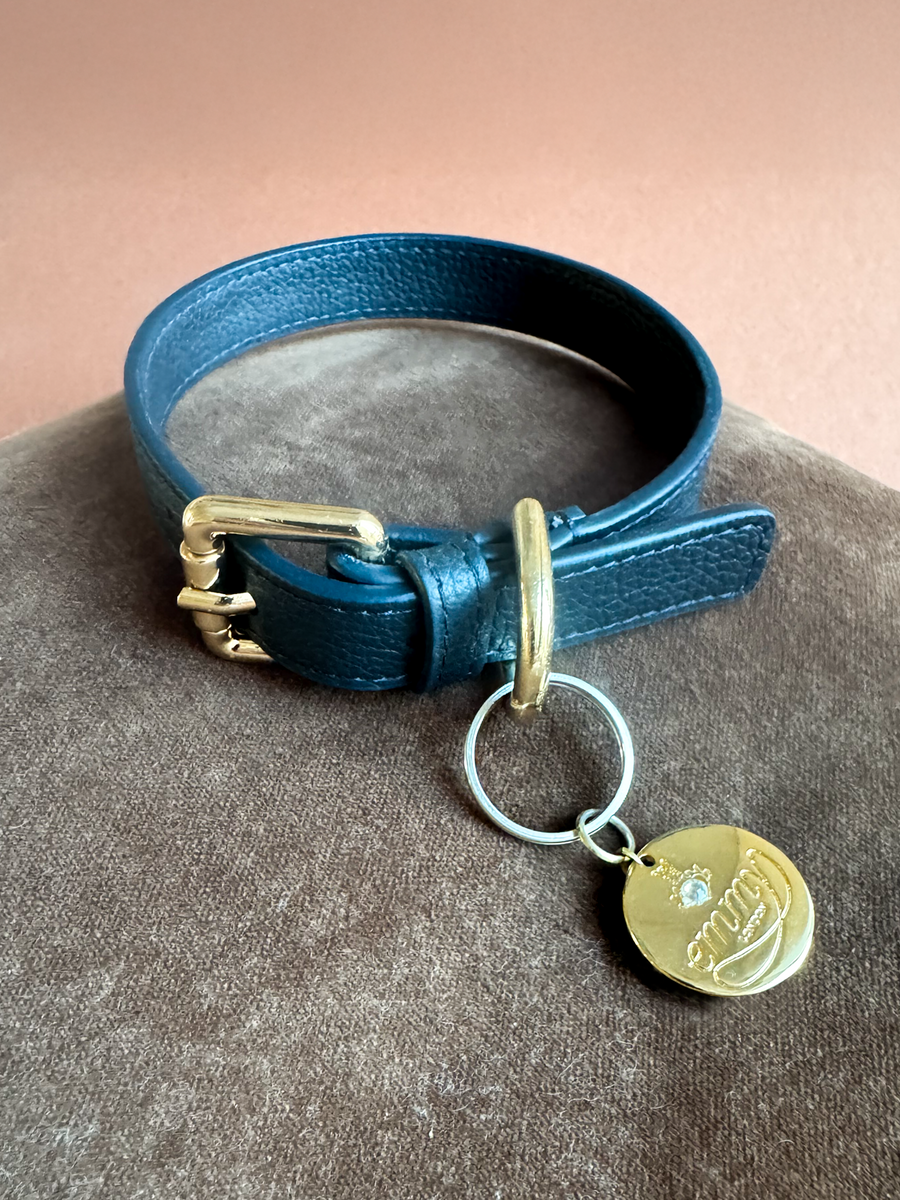 A close-up image of a dark blue leather collar resting on a brown velvet surface. The collar features a gold buckle and a circular charm with an engraved design. The background is a warm, muted tone, enhancing the elegance of the collar. image