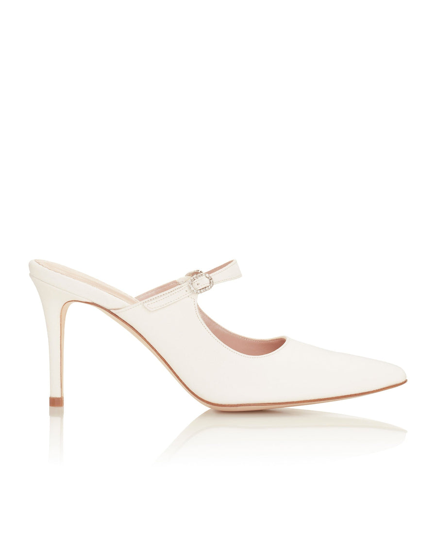 White leather slingback heels with a pointed toe and a delicate buckle detail. The heel height is approximately 10 cm. The shoe is displayed against a neutral background, showcasing its elegant design from a side angle. image