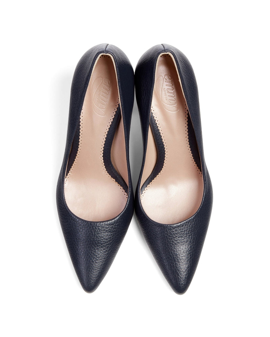 Navy leather heels with a pointed toe design, featuring a sleek silhouette. The shoes are displayed from a top-down angle against a white background, showcasing the smooth texture of the leather and the elegant cut along the sides. image