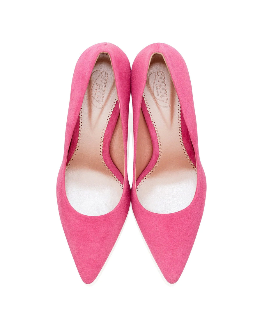 Pink suede heels with a pointed toe design, displayed from a top-down angle against a white background. The interior features a smooth lining, highlighting the elegant shape of the shoes. image