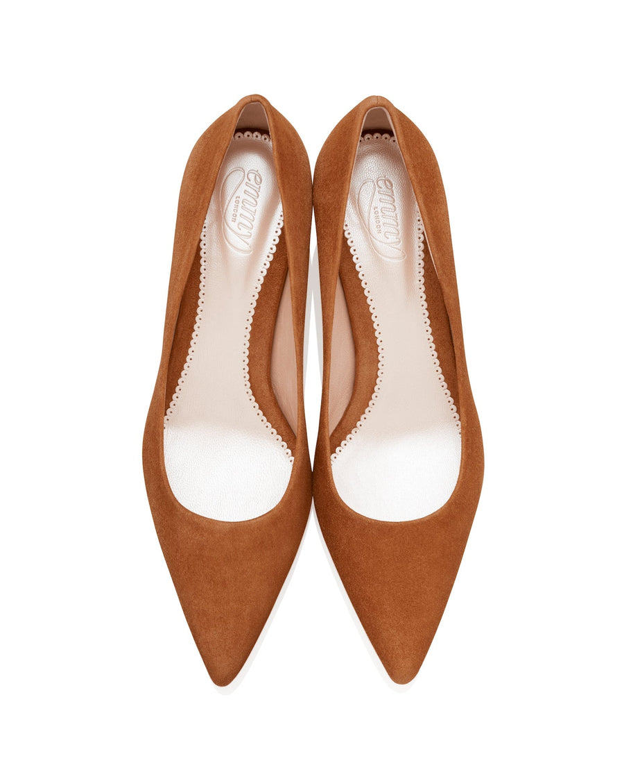 Brown suede heels with a pointed toe design, featuring a cut-out detail along the sides. The shoes are displayed from a top-down angle against a white background, highlighting their sleek silhouette. image
