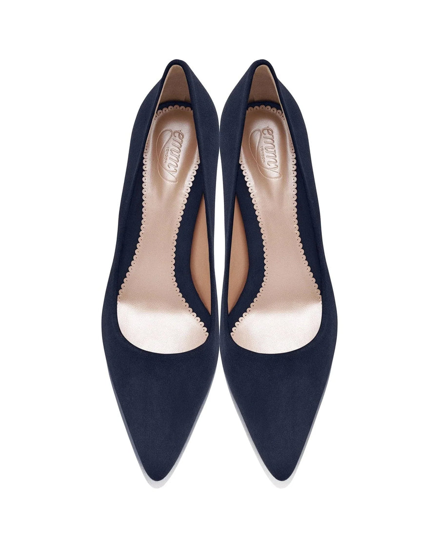 Navy suede pointed-toe heels with a low heel, featuring a scalloped edge design. The shoes are displayed from a top-down angle against a white background. image