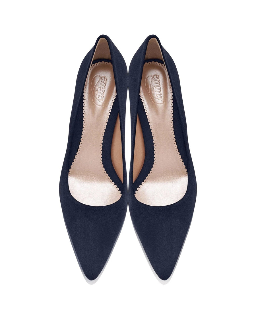 Navy suede pointed-toe heels with a sleek design and scalloped edges. The shoes are displayed from a top-down angle against a white background, showcasing their elegant silhouette. image
