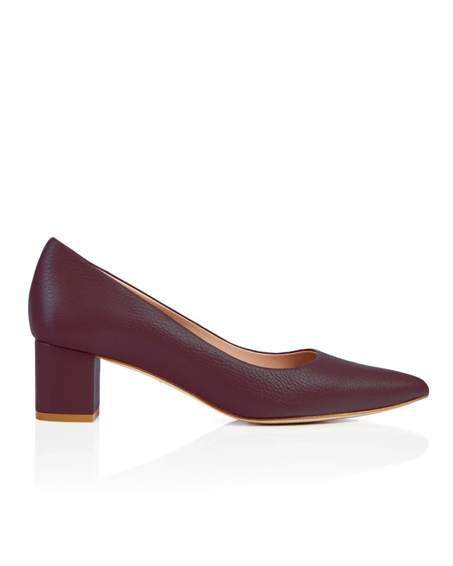 Burgundy leather block heel shoes with a height of approximately 2.5 inches. The shoes are displayed against a white background, showcasing their sleek design and rounded toe. image