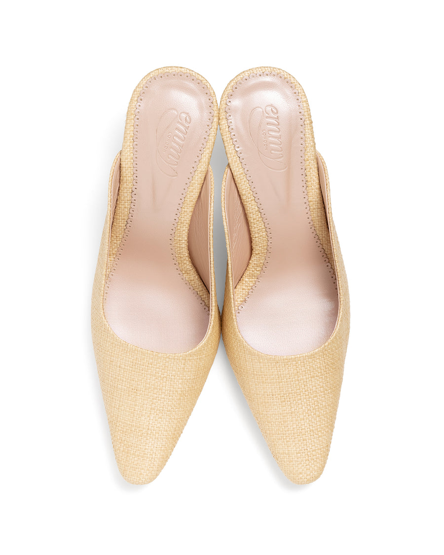 Tan coloured mule shoe made from raffia image