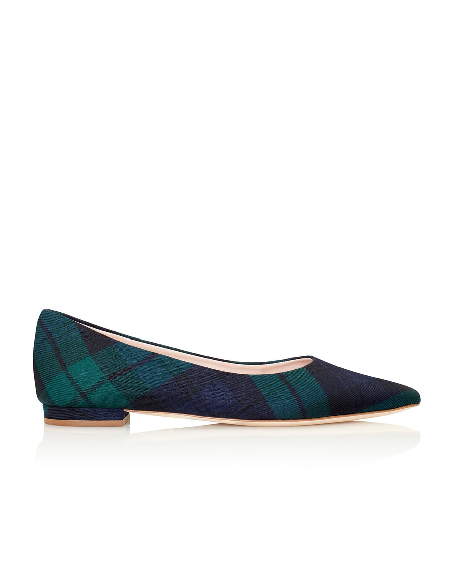 Flat shoes made of tweed in a blue and green plaid pattern. The shoes have a pointed toe and a low heel. The image is taken from a side angle, showcasing the shoe against a clean, white background. image