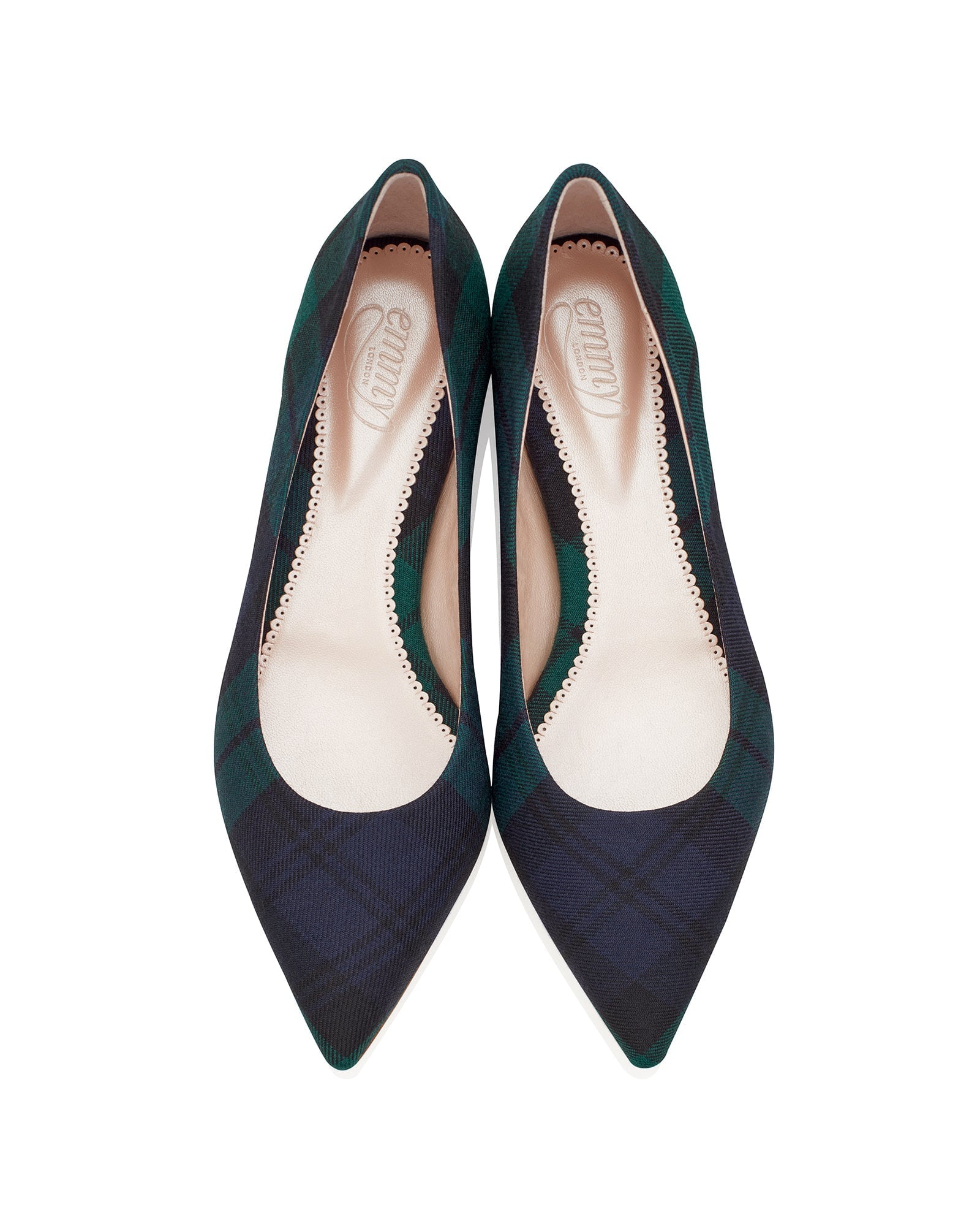 Pointed-toe heels made of tweed, featuring a dark green and navy plaid pattern. The shoes are displayed from a top-down angle against a white background, showcasing their sleek design and elegant silhouette. image