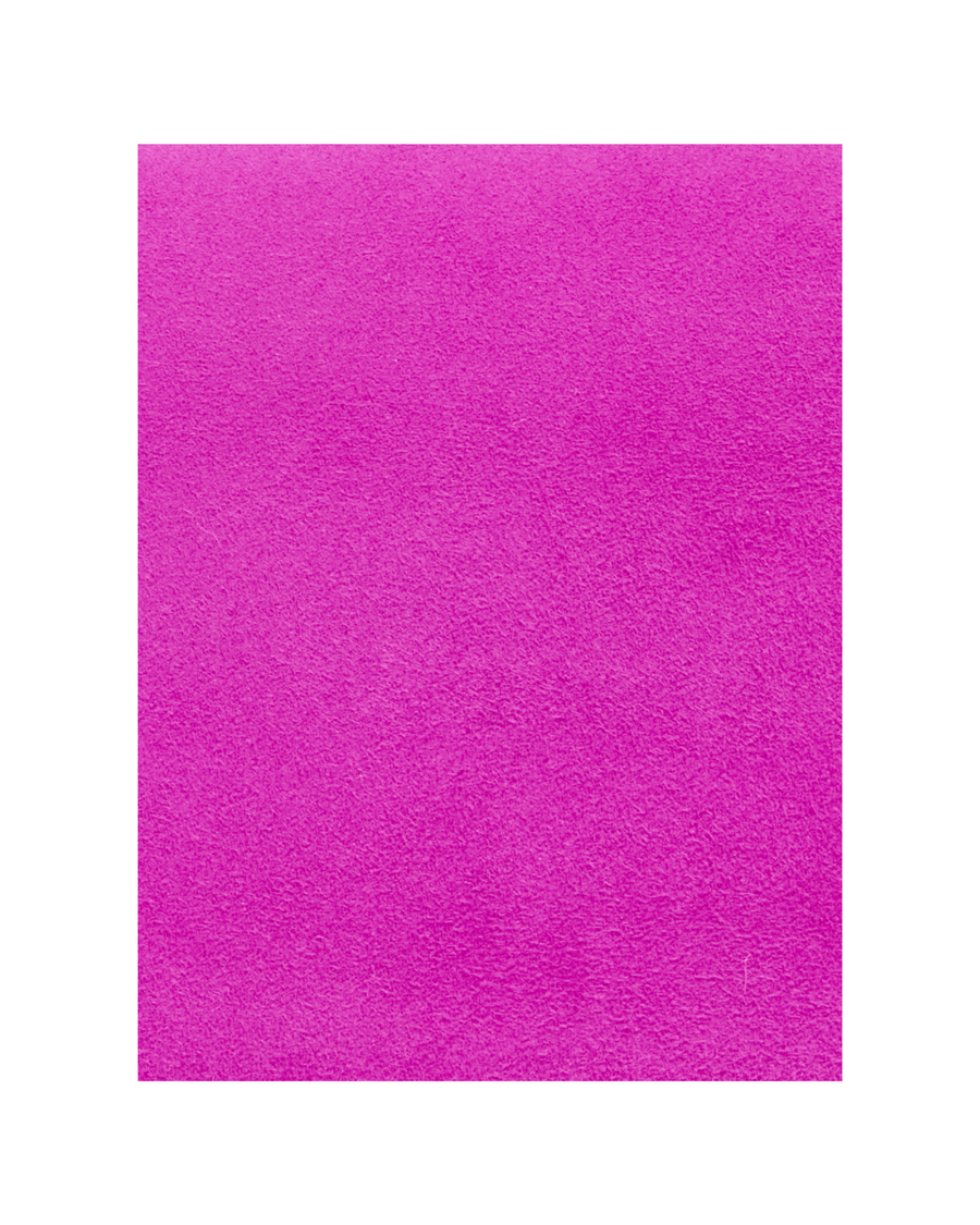This image features a vibrant pink suede material, showcasing a smooth texture. The background is plain, emphasizing the rich color of the suede. There are no shoes or heels present in the image. image