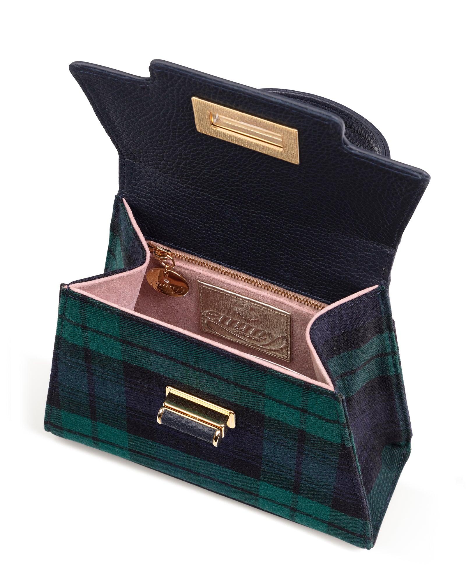 Green plaid handbag with gold accents on a white background image