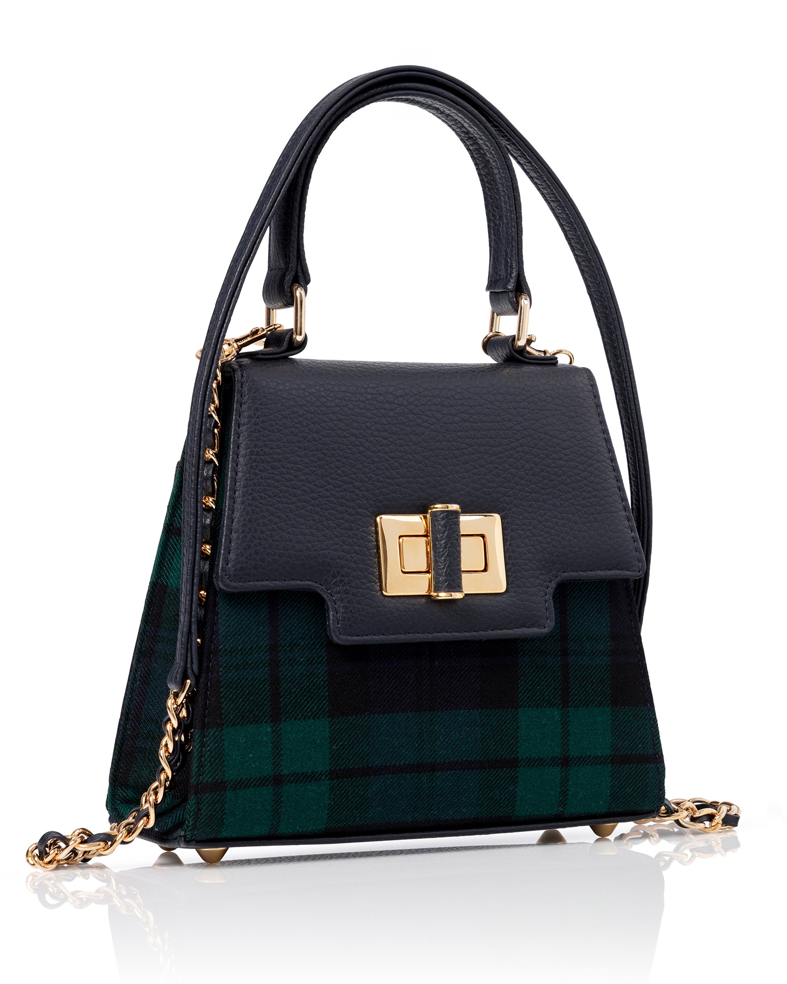 Plaid handbag with gold accents and plaid pattern on a white background image