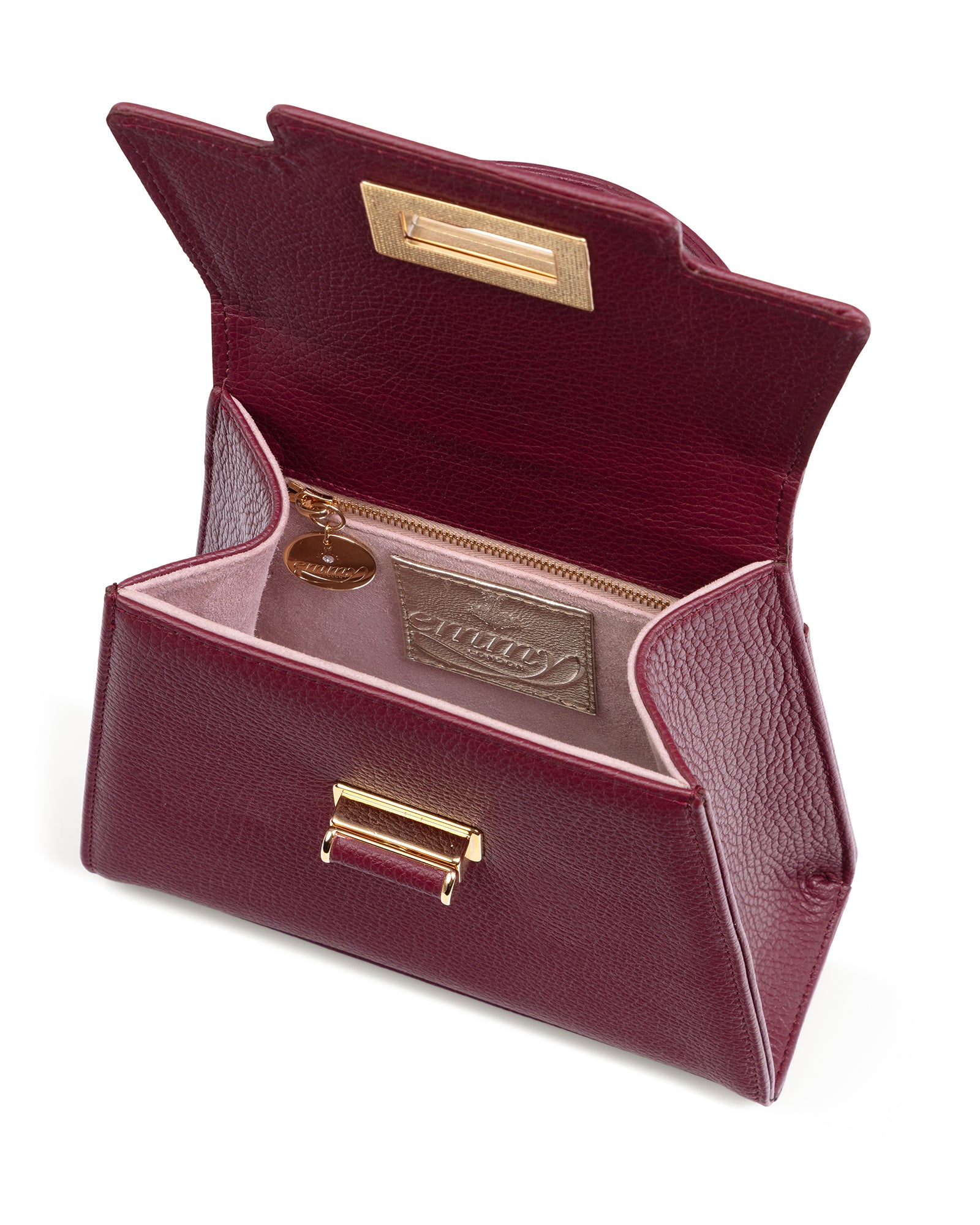 Maroon handbag with gold accents on a white background image