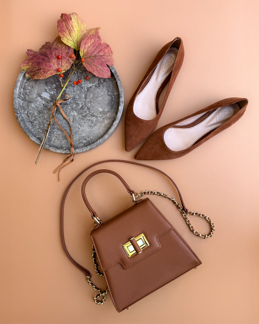 Brown suede pointed-toe heels are positioned next to a stylish brown handbag on a warm, neutral background. The heels feature a sleek design with a subtle shine, while the handbag has a gold clasp and a chain strap, adding a touch of elegance to the arrangement. A few autumn leaves and berries are placed on a round metallic tray, enhancing the seasonal aesthetic of the image. image