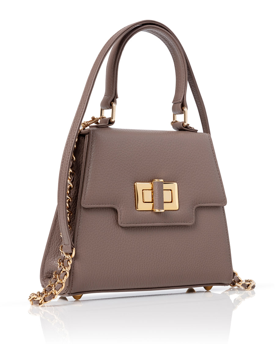 Taupe handbag with gold chain and fastening image
