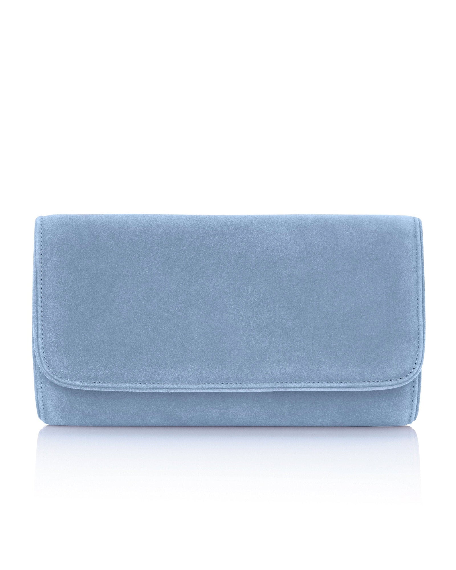 Light blue suede clutch bag with a sleek, minimalist design. The bag is shown against a white background, highlighting its smooth texture and clean lines. It features a flap closure and is positioned flat, showcasing its rectangular shape. image