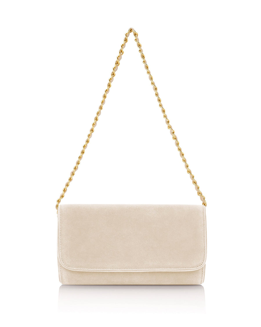 Beige suede clutch bag with a gold chain strap, displayed against a white background. The bag features a sleek, minimalist design with a flap closure, showcasing its elegant silhouette. image