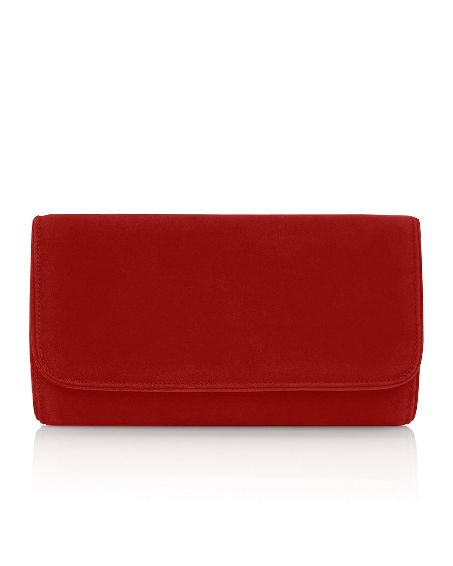 Red suede clutch bag with a sleek, minimalist design. The bag is displayed against a white background, showcasing its smooth texture and clean lines. The flap closure adds an elegant touch, making it suitable for formal occasions. image