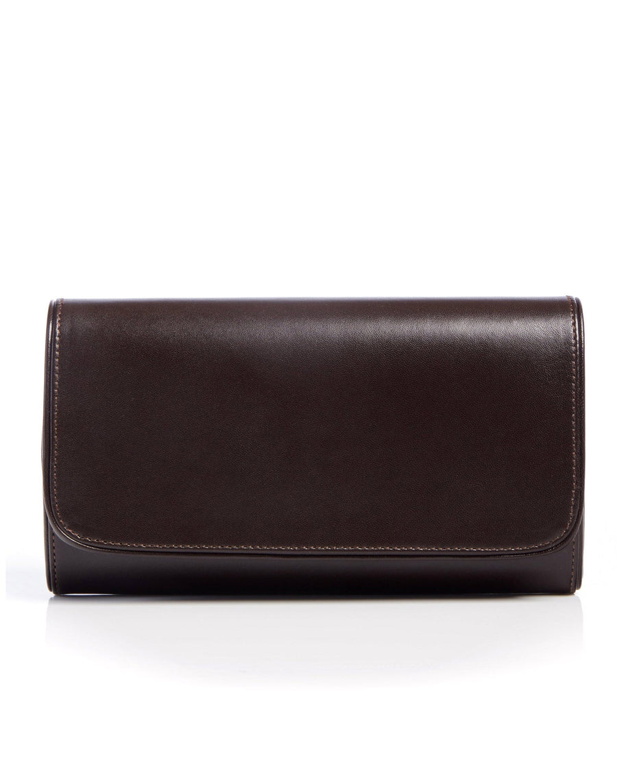 Brown leather clutch bag with a sleek design, featuring a fold-over flap. The bag is displayed against a white background, showcasing its smooth texture and clean lines. image