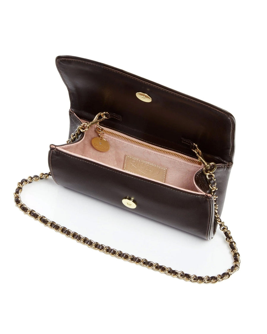 Brown leather handbag with a gold chain strap, featuring a spacious interior lined in soft pink fabric. The bag is open, showcasing a zippered compartment and a small tag inside. The image is taken from a top-down angle against a white background. image