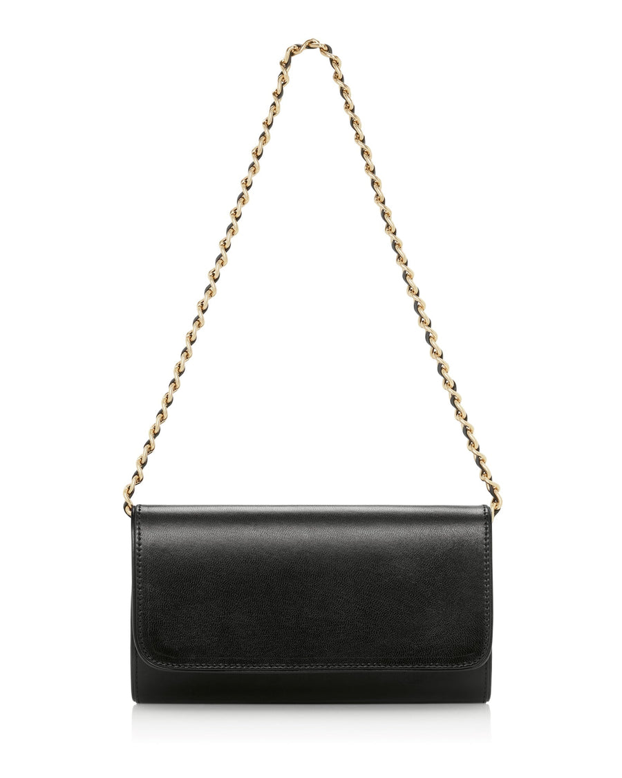 Black leather clutch bag with a gold chain strap, displayed against a white background. The bag features a sleek, minimalist design with a flap closure, showcasing its elegant silhouette. image