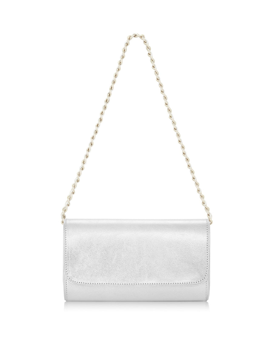 Silver metallic clutch bag with a chain strap, displayed against a white background. The bag features a sleek, minimalist design with a smooth surface and no visible embellishments. image