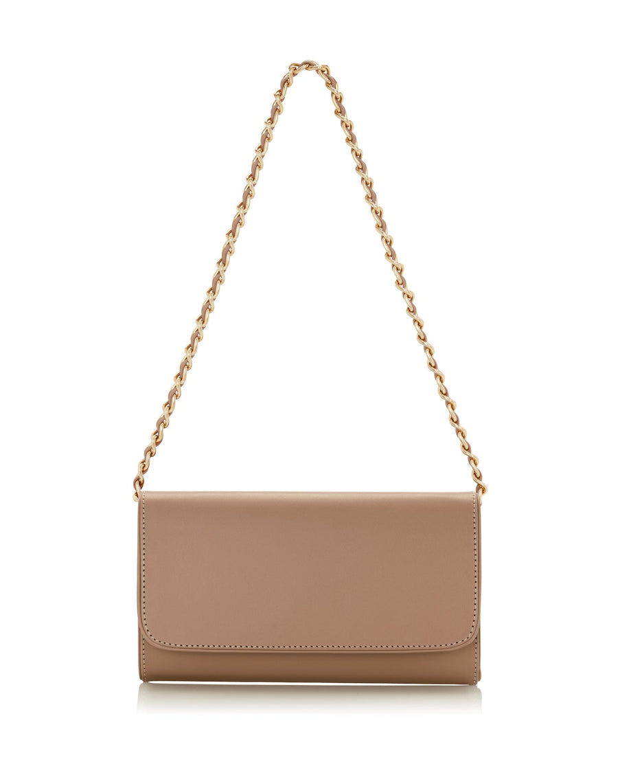 A sleek beige clutch bag with a gold chain strap, positioned against a clean white background. The bag features a smooth exterior with a flap closure, showcasing a minimalist design. image