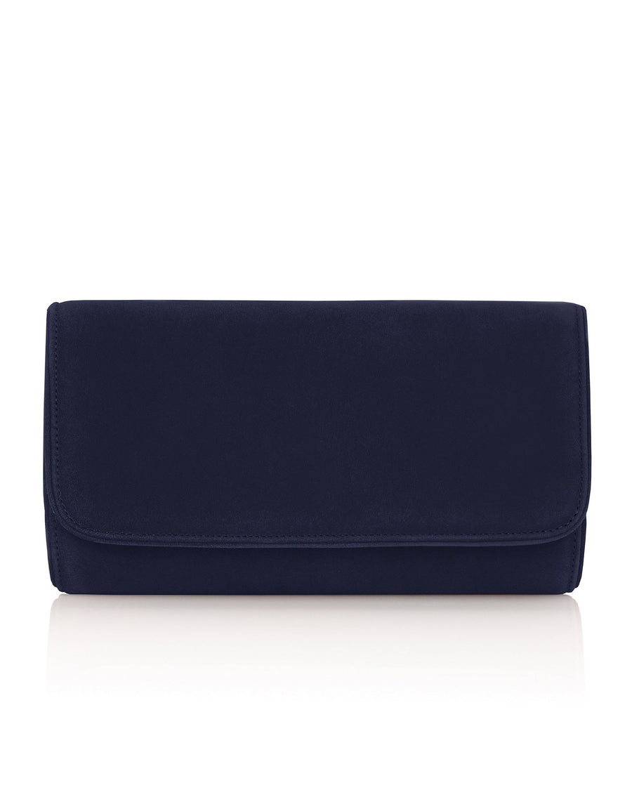 Navy blue clutch bag with a sleek, minimalist design. The bag features a fold-over flap and is made of a smooth material. It is positioned against a clean, white background, showcasing its elegant silhouette. image