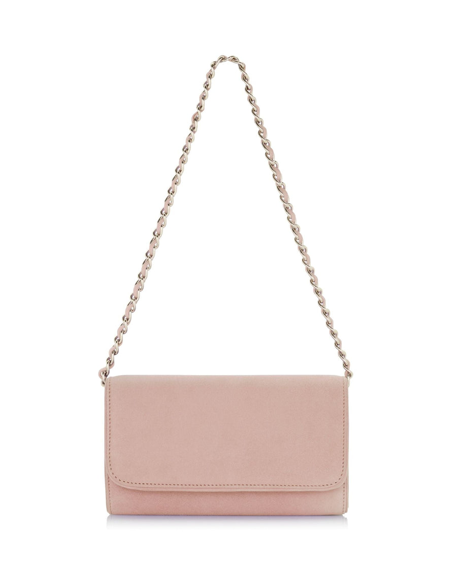 Pink suede clutch bag with a chain strap, displayed against a white background. The bag features a flap closure and a smooth finish, showcasing its elegant design. image