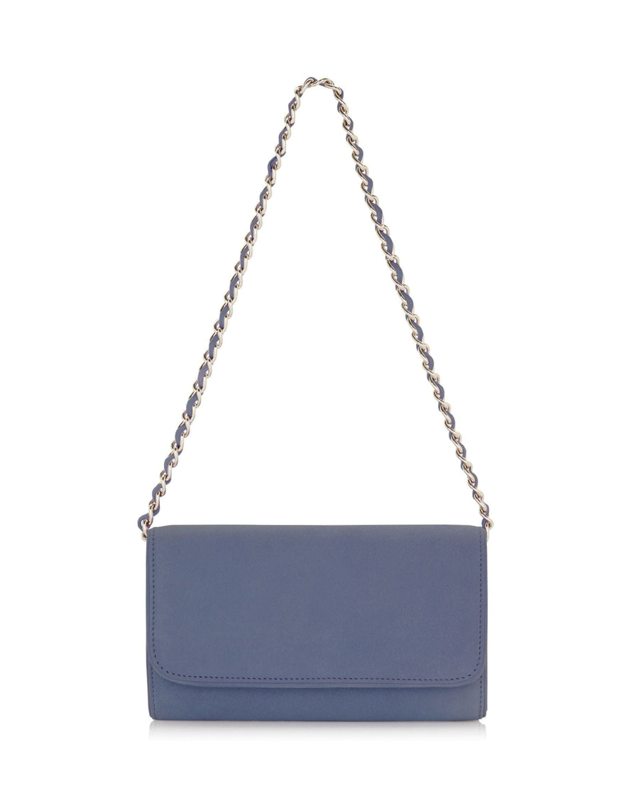 A sleek blue clutch bag featuring a chain strap. The bag is displayed against a clean, white background, showcasing its minimalist design. The flap closure adds a touch of elegance, making it suitable for both casual and formal occasions. image