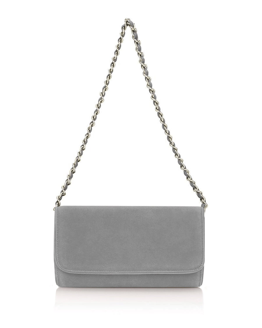 Gray suede clutch bag with a chain strap, displayed against a white background. The bag features a sleek, minimalist design with a flap closure. image